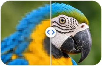 The same photo split between a pixelated half and a sharp upscaled half