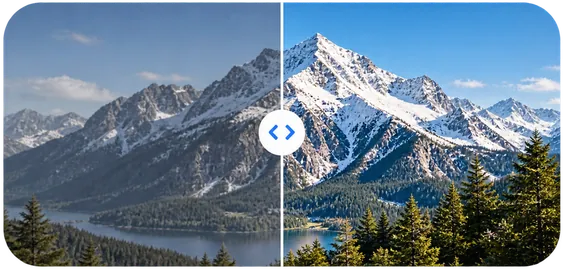 A mountain photo split between its original and enhanced versions