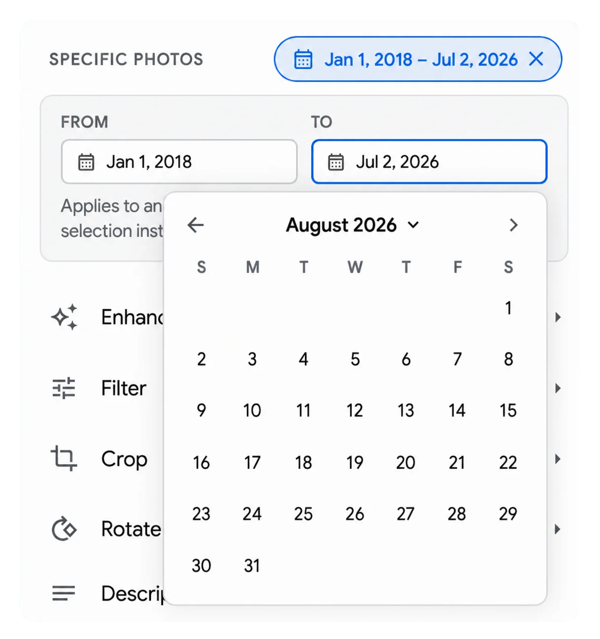 Date & Album Selection interface preview.