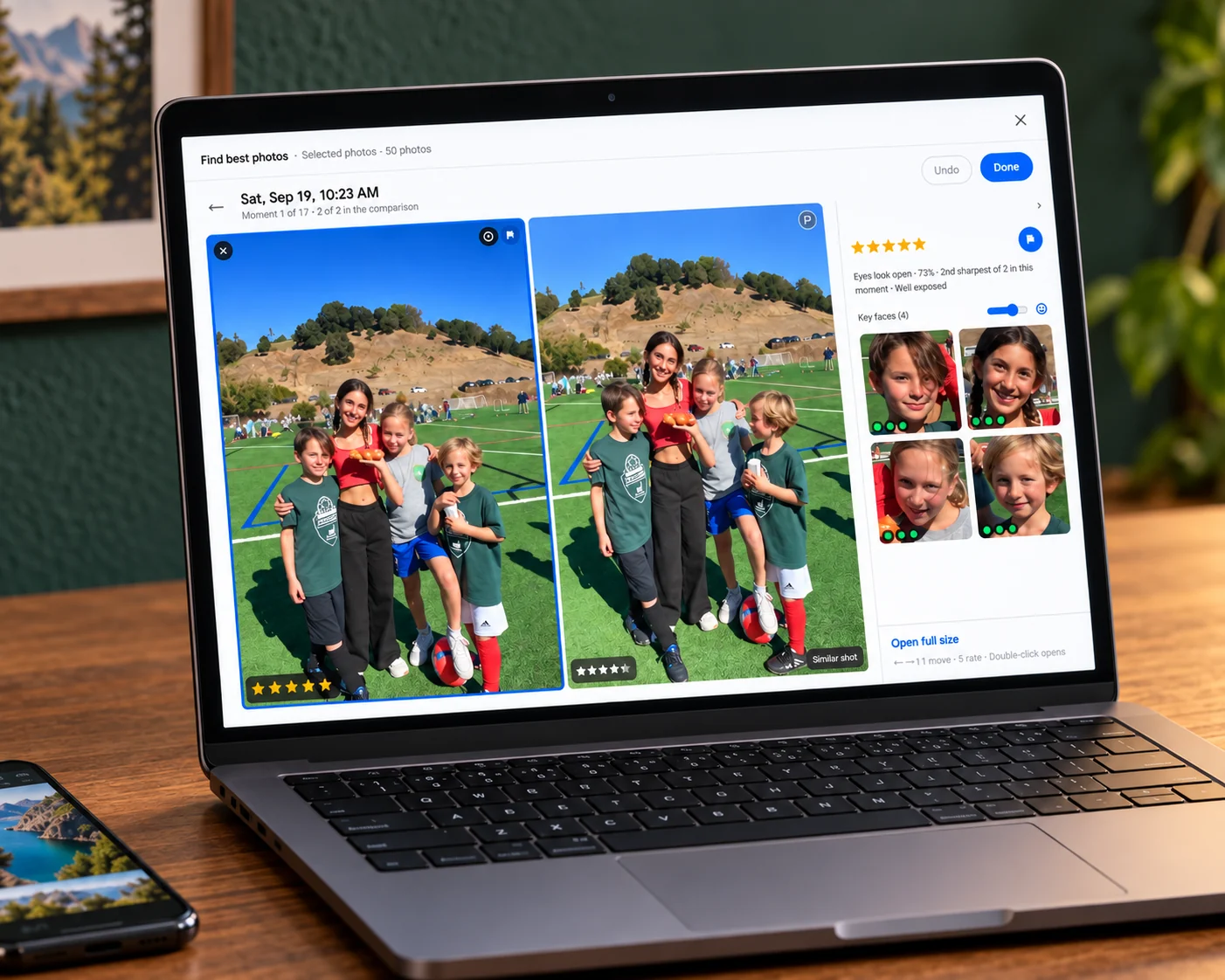 Batch comparing similar group photos and checking each face on a laptop