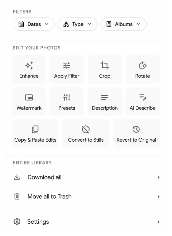 Batch menu in Google Photos with filters, bulk edit actions, and entire-library download and trash options