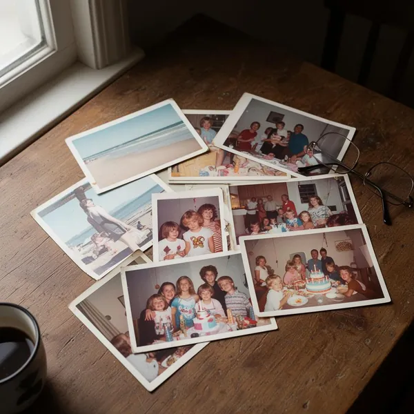 Stack of vintage family photographs on a wooden table