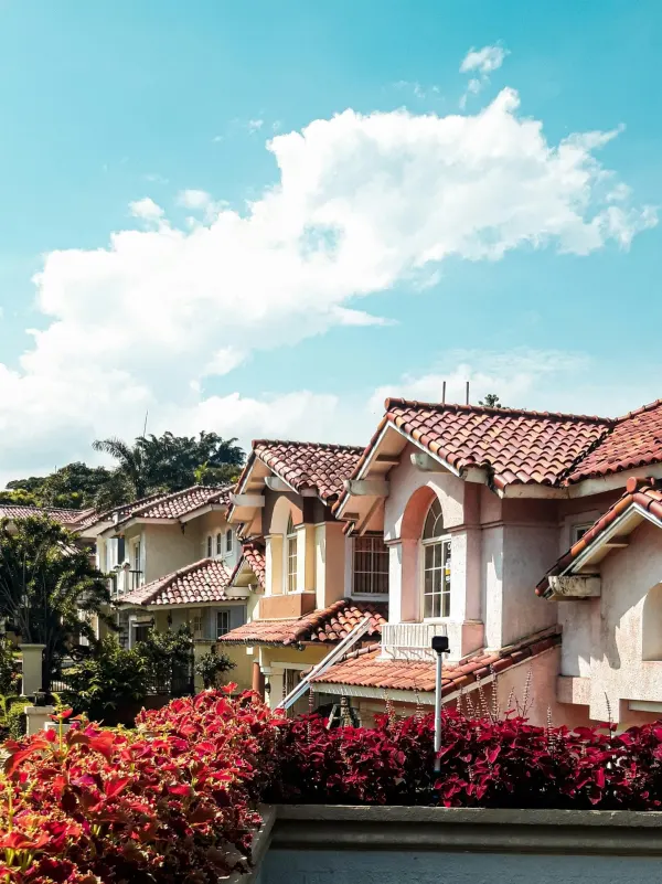 Row of terracotta-roofed houses under a bright sky with red flowers in the foreground