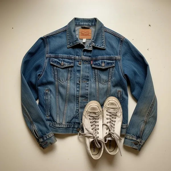 Flat lay of vintage denim jacket and sneakers on a white surface