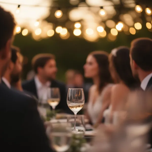 Outdoor wedding reception with string lights at golden hour